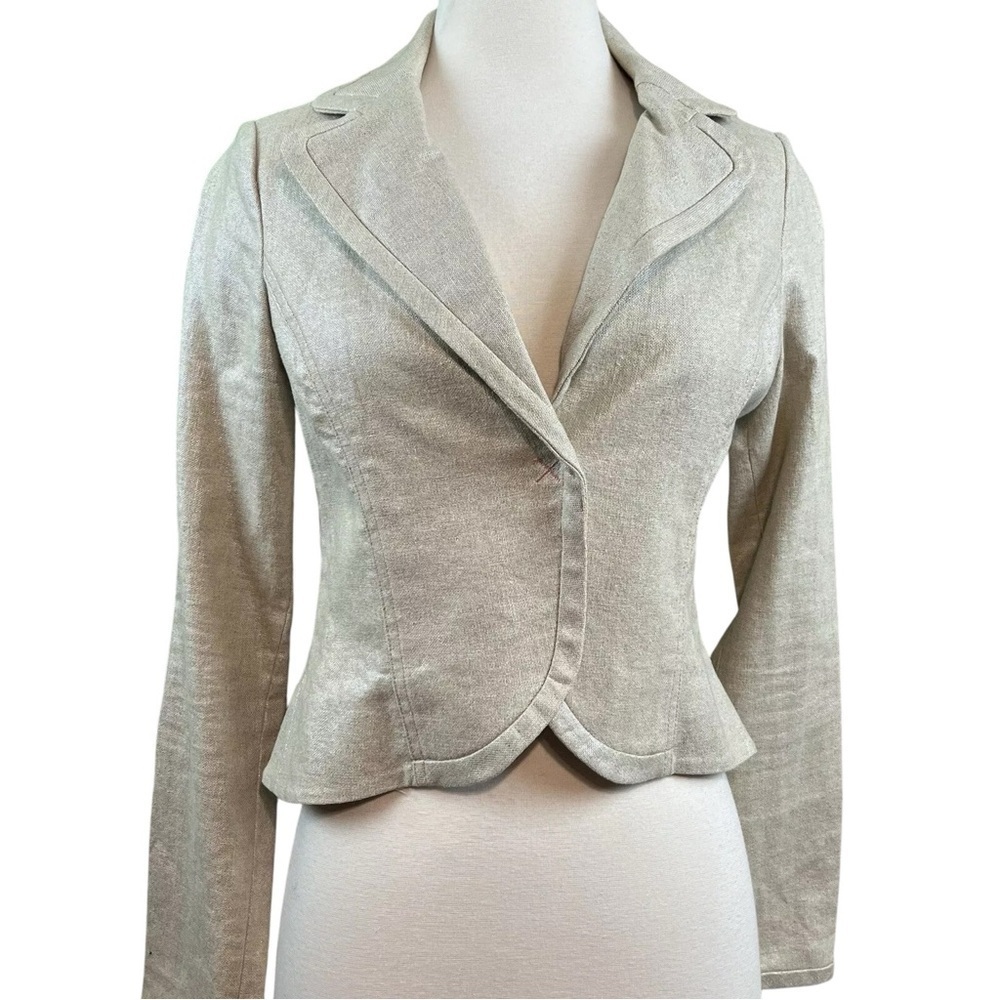 True Meaning Linen Cotton Shimmer Collared Snap Blazer Jacket Beige Size 4
